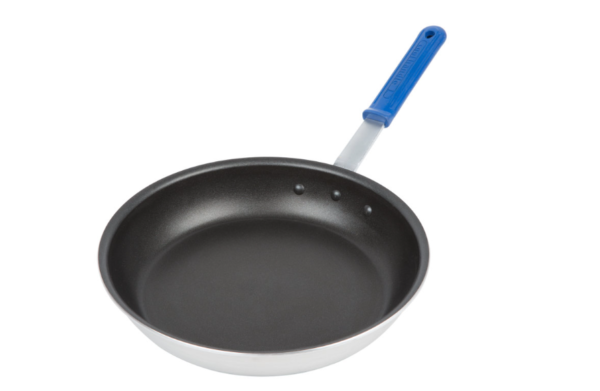 non stick fry pan with blue handle.