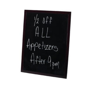 Black write on board with white writing "1/2 off all appetizers after 9pm".