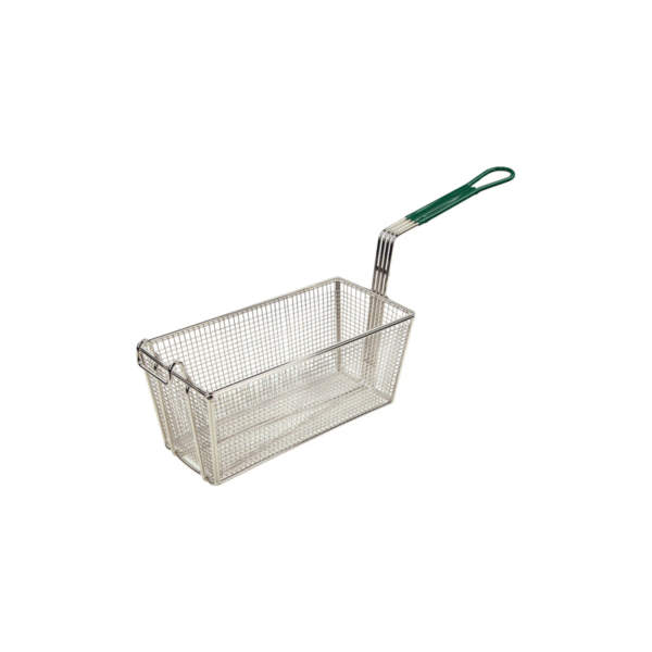 FB-30 commercial fry basket with green heat-resistant handle and nickel-plated finish.