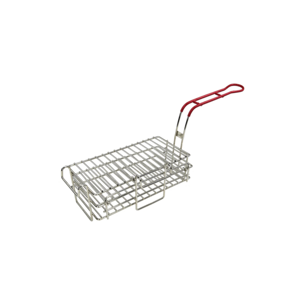Commercial burrito fryer basket with side hooks and red heat-resistant handle.