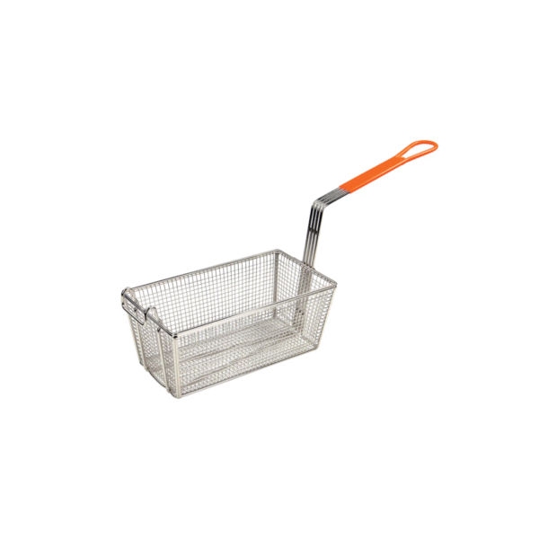 Compact one-piece fry basket with reinforced edges and orange handle.