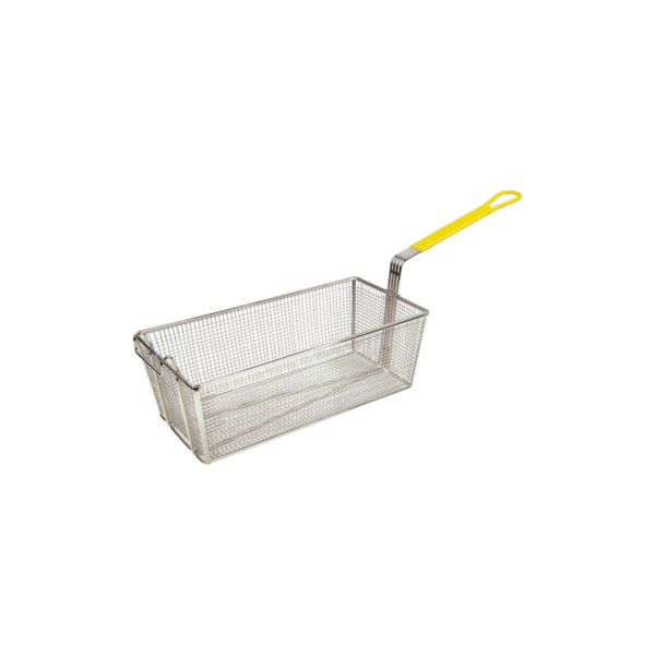 Heavy-duty non-welded fry basket with yellow handle.