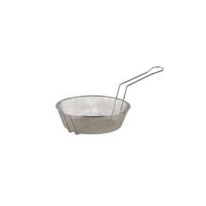 CBF12 round fine mesh culinary basket with 12-inch diameter and 9-inch angled handle.