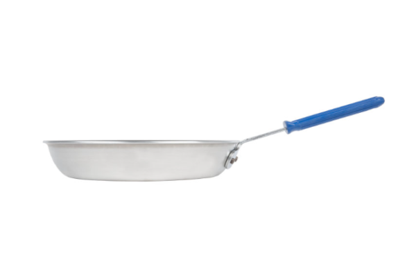 Fry pan with blue handle.