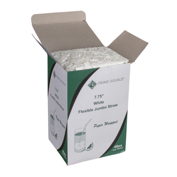 Box of white paper wrapped straws.