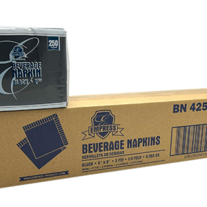Case and pack of black beverage napkins.