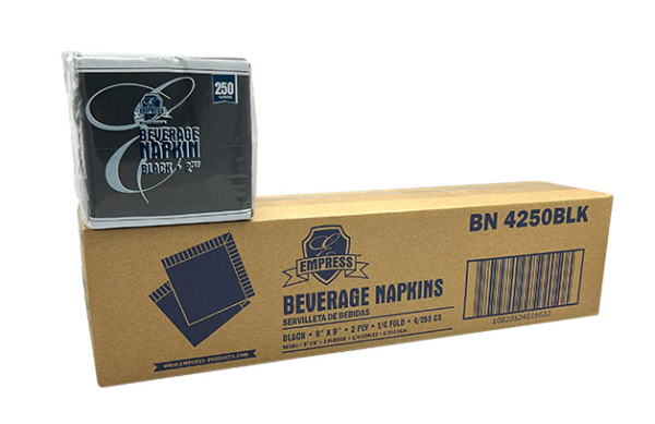Case and pack of black beverage napkins.