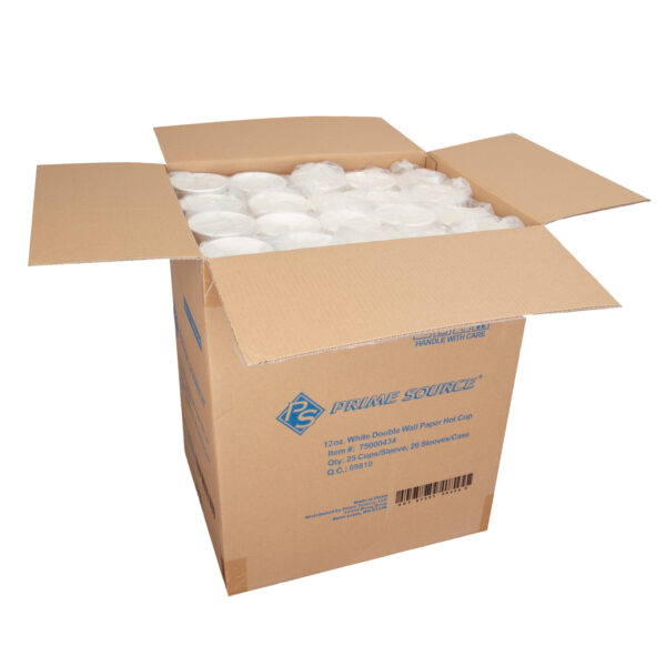 Open case of white hot paper cups