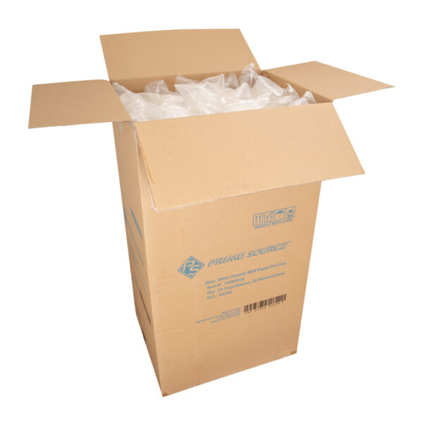 Open case of white hot paper cups