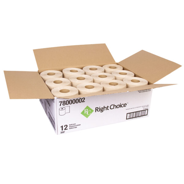 Open case of kraft paper towel rolls.
