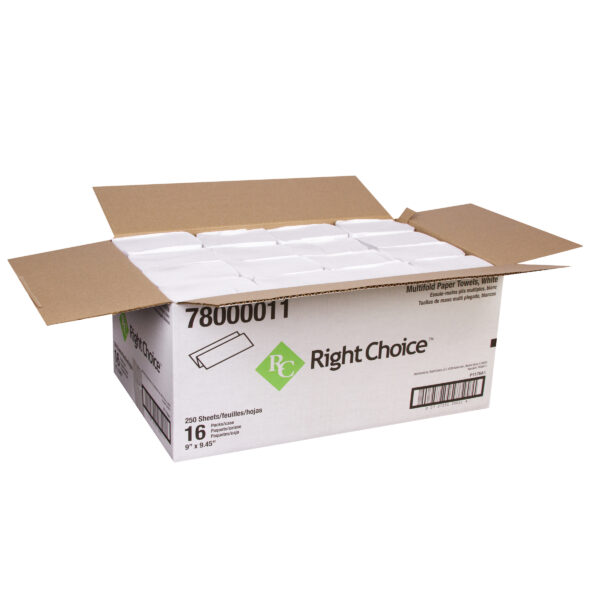 Open case of multifold white paper towels.