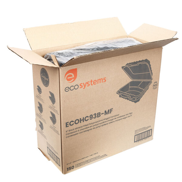 Open case of black 9x9 3 compartment takeout containers.
