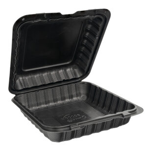 Opened plastic black take out container.