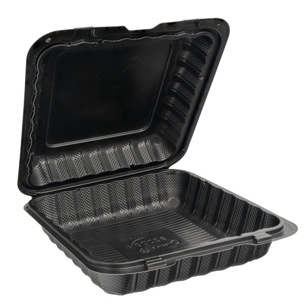 Opened plastic black take out container.