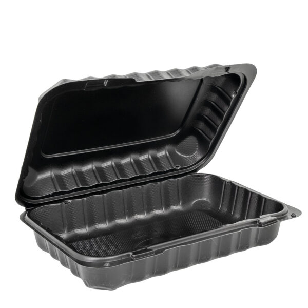 Open plastic black take out container.