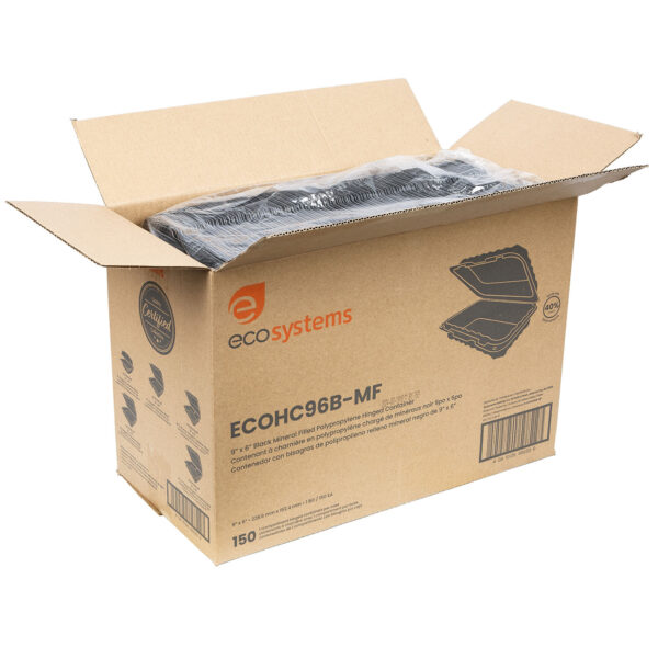 Open case of black 9x6 takeout containers.
