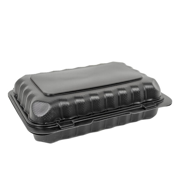 Closed black 9x6 takeout container.