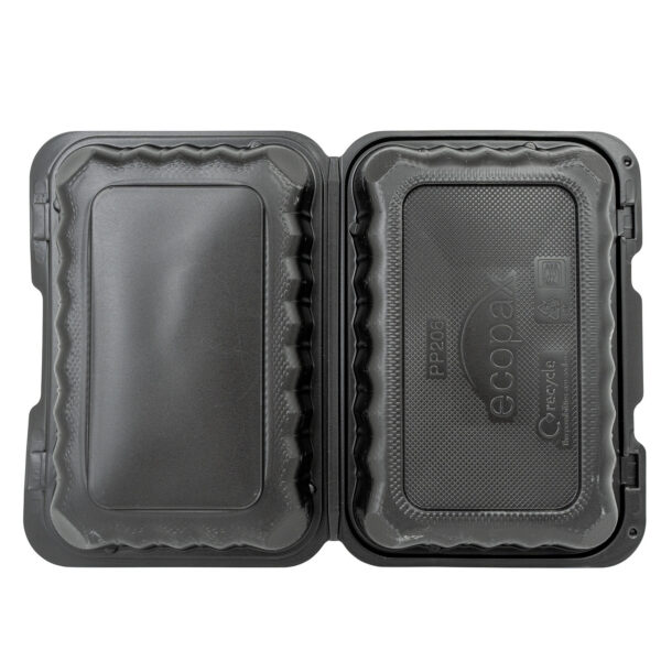 Open black 9x6 takeout container.