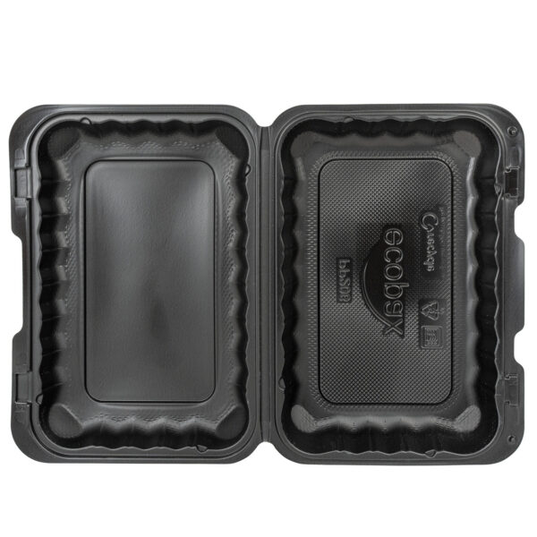 Open black 9x6 takeout container.