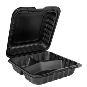Opened plastic black 3 compartment takeout container.