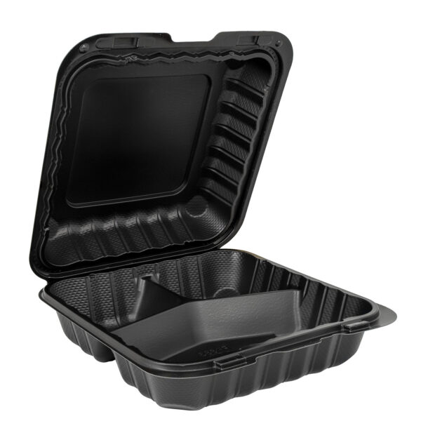 Opened plastic black 3 compartment takeout container.