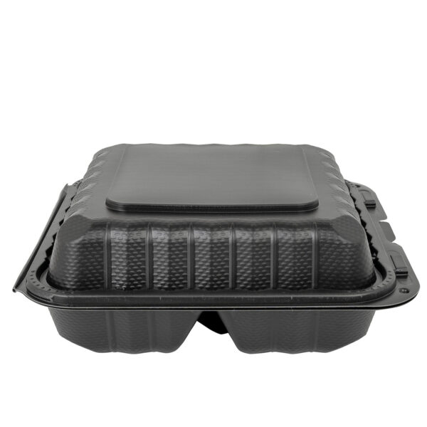 Closed black 8x8 3 compartment takeout container.