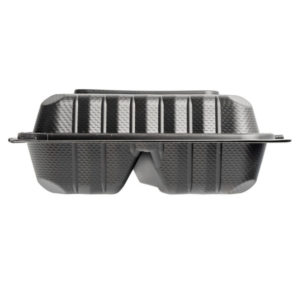 Closed black 8x8 3 compartment takeout container.