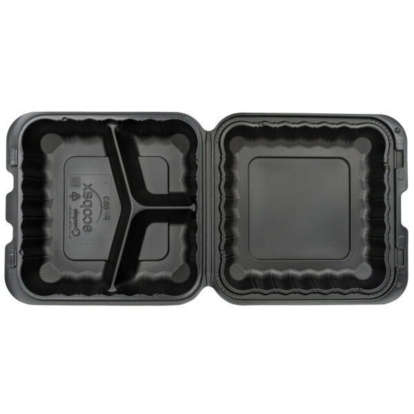 Open black 8x8 3 compartment takeout container.