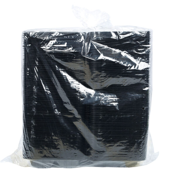 Sleeve of black 8x8 3 compartment takeout containers.