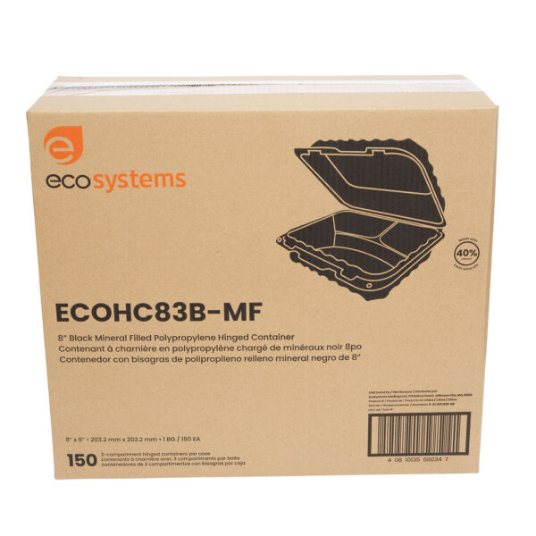Case of black 8x8 3 compartment takeout containers.