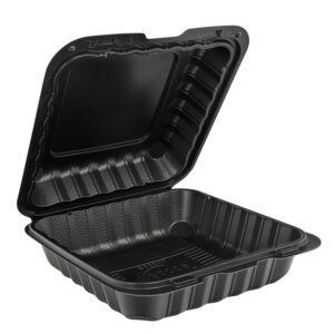 Plastic black opened up takeout container