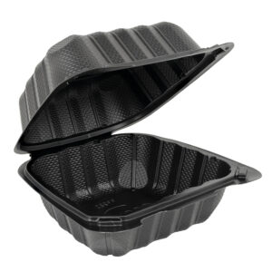 Open black plastic take out container.