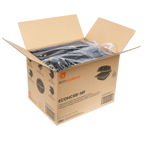 Open case of black 6x6 takeout containers.