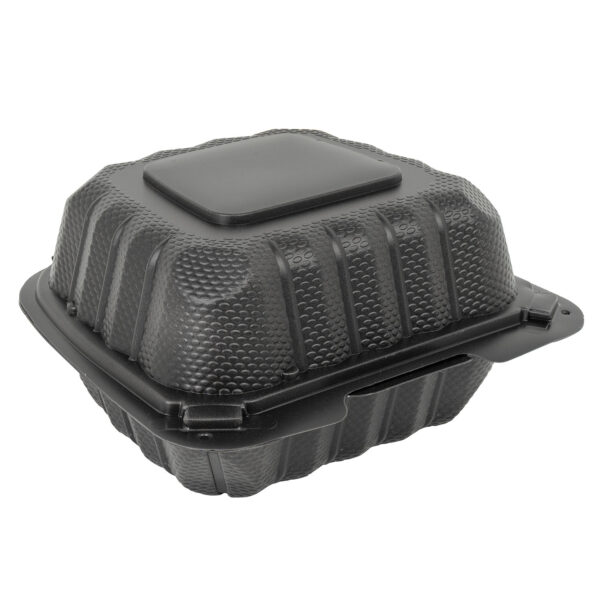 Closed black 6x6 takeout container.
