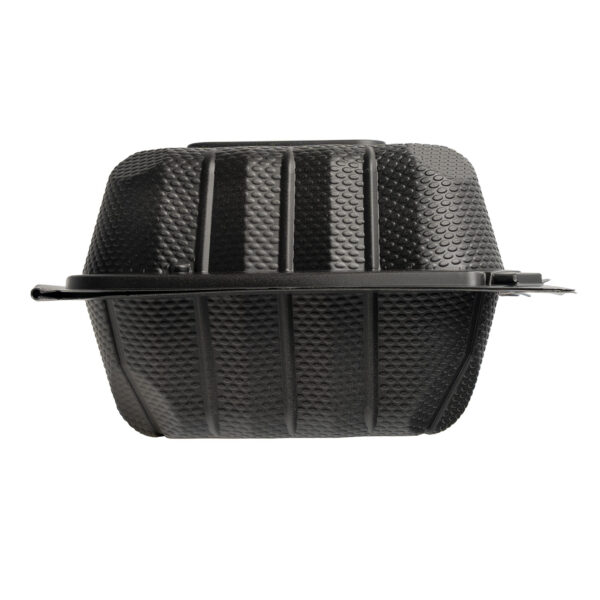 Closed black 6x6 takeout container.