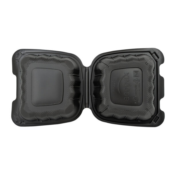Open black 6x6 takeout container.