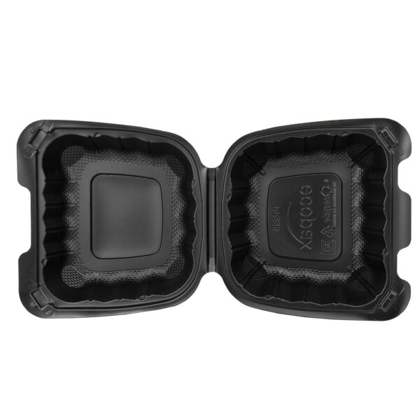 Open black 6x6 takeout container.