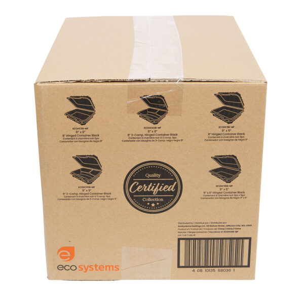 Case of black 6x6 takeout containers.