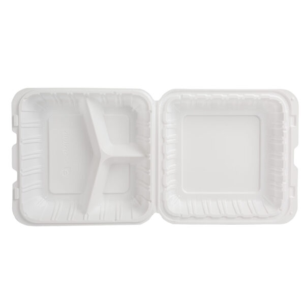 Open white 9x9 3 compartment takeout container.