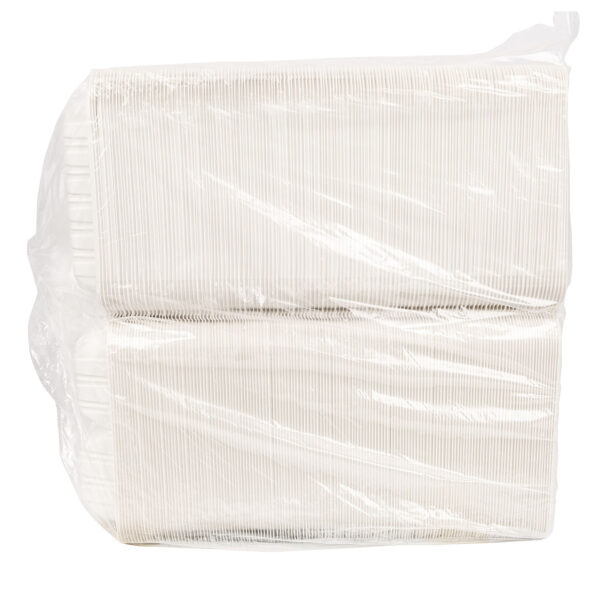Sleeve of white 9x9 3 compartment takeout containers.