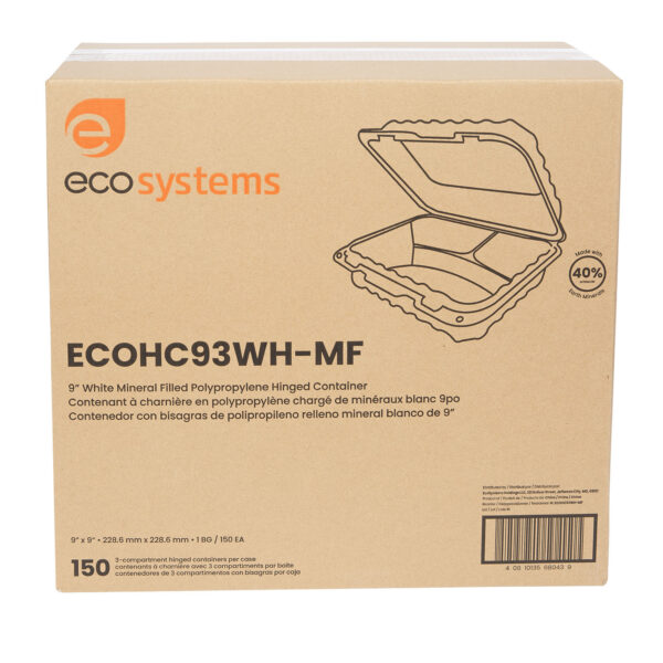 Case of white 9x9 3 compartment takeout containers.