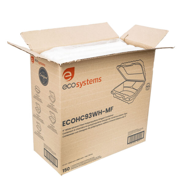Open case of white 9x9 3 compartment takeout containers.