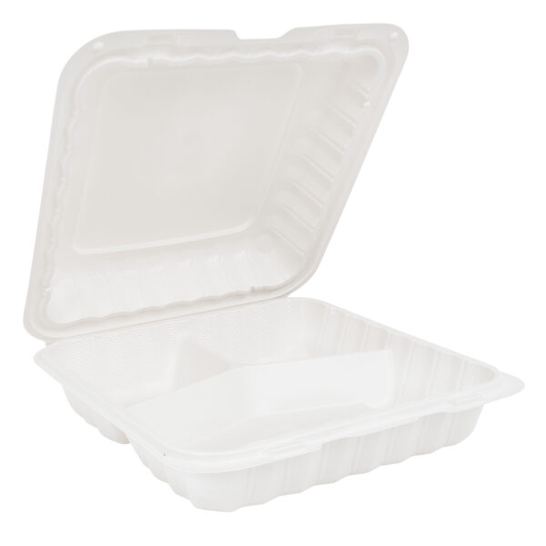 Plastic white takeout container with 3 compartments.