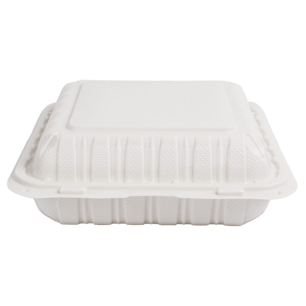 Closed white 9x9 takeout containers.