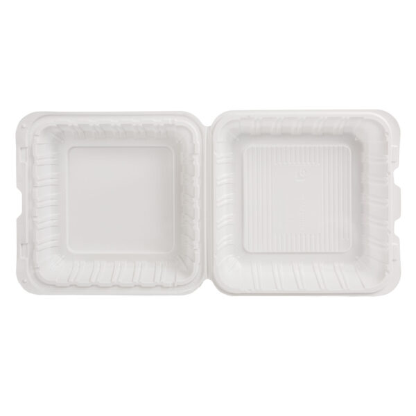Open white 9x9 takeout container.