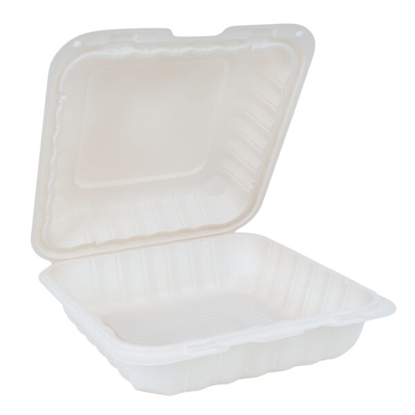 9x9 white hinged plastic takeout container.