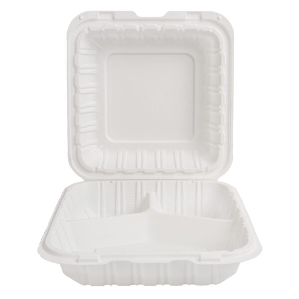 Open white plastic 8x8 3 compartment takeout container.