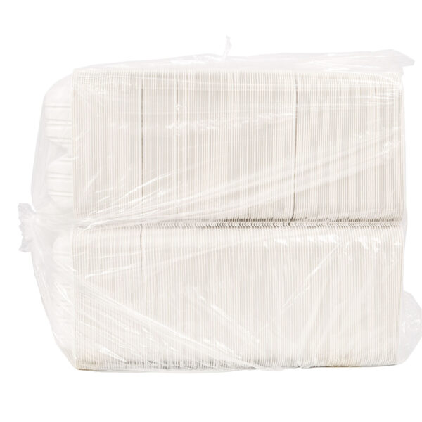 Sleeve of white plastic 8x8 3 compartment takeout containers.