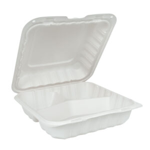 Open white plastic takeout container.