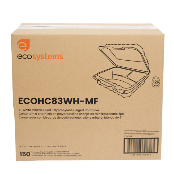 Case of white plastic 8x8 3 compartment takeout containers.